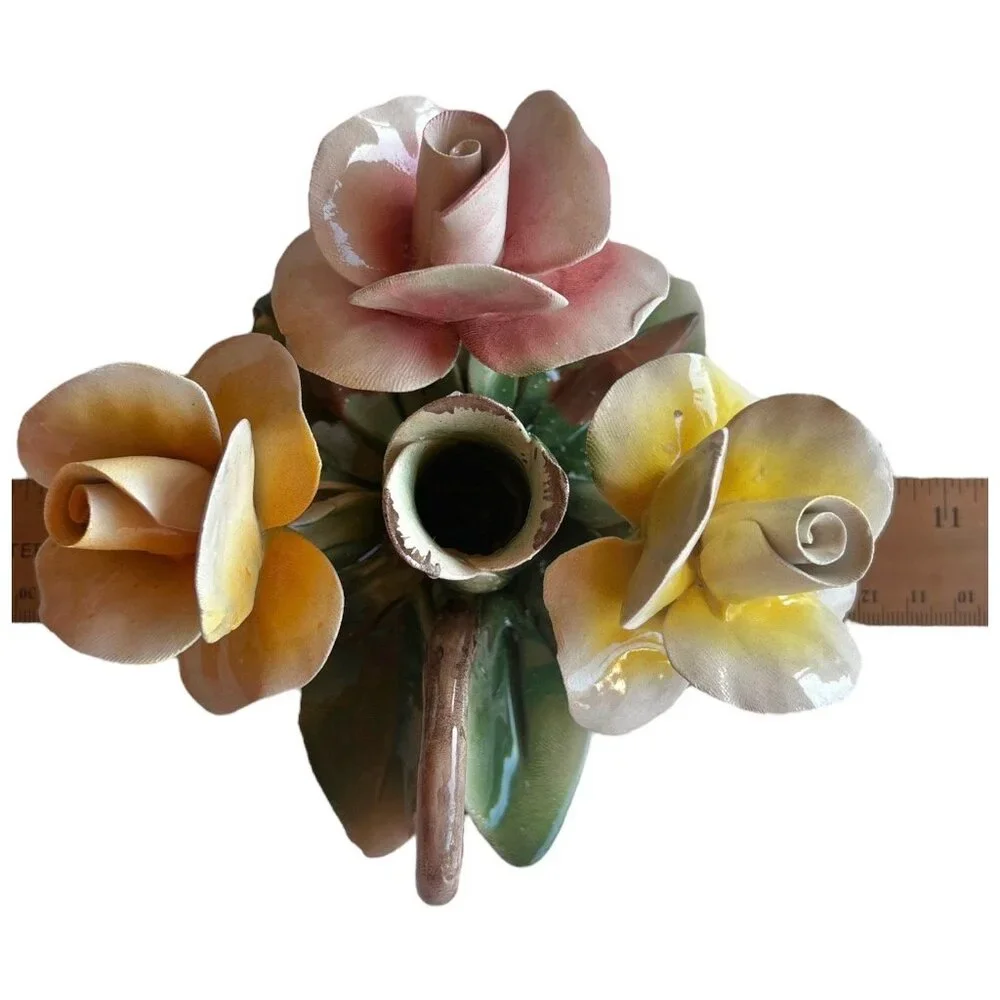 Capodimonte Roses Candle Stick Holder Pink Yellow Green Made in Italy Cottagecor